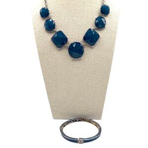 Blue Faceted Necklace & Bangle Set  Geometric Design  Silver-Tone Chain.  N71